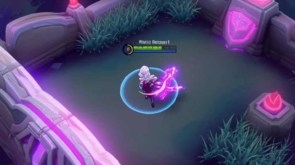 Hero Mobile Legends sedang recall di semak dekat tower dengan efek spesial.