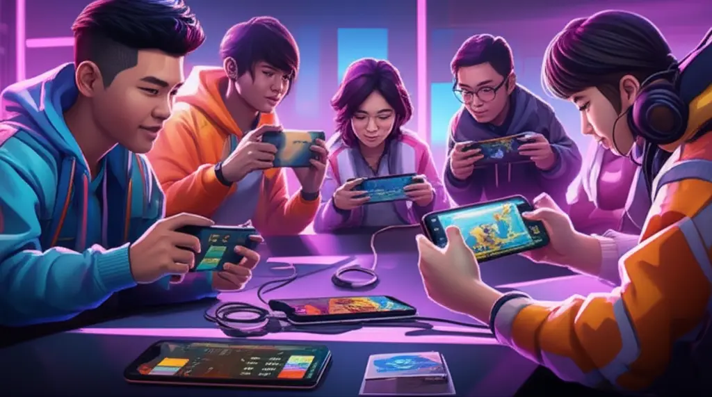 Pemain PUBG Mobile fokus di layar smartphone, suasana gaming seru.