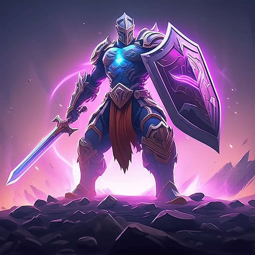 Realistic warrior in full armor with sword and shield on a fantasy battlefield.