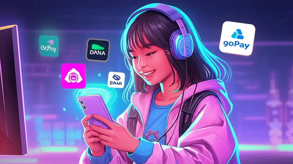 Remaja Indonesia melakukan top up Mobile Legends secara digital di smartphone dengan suasana ceria.