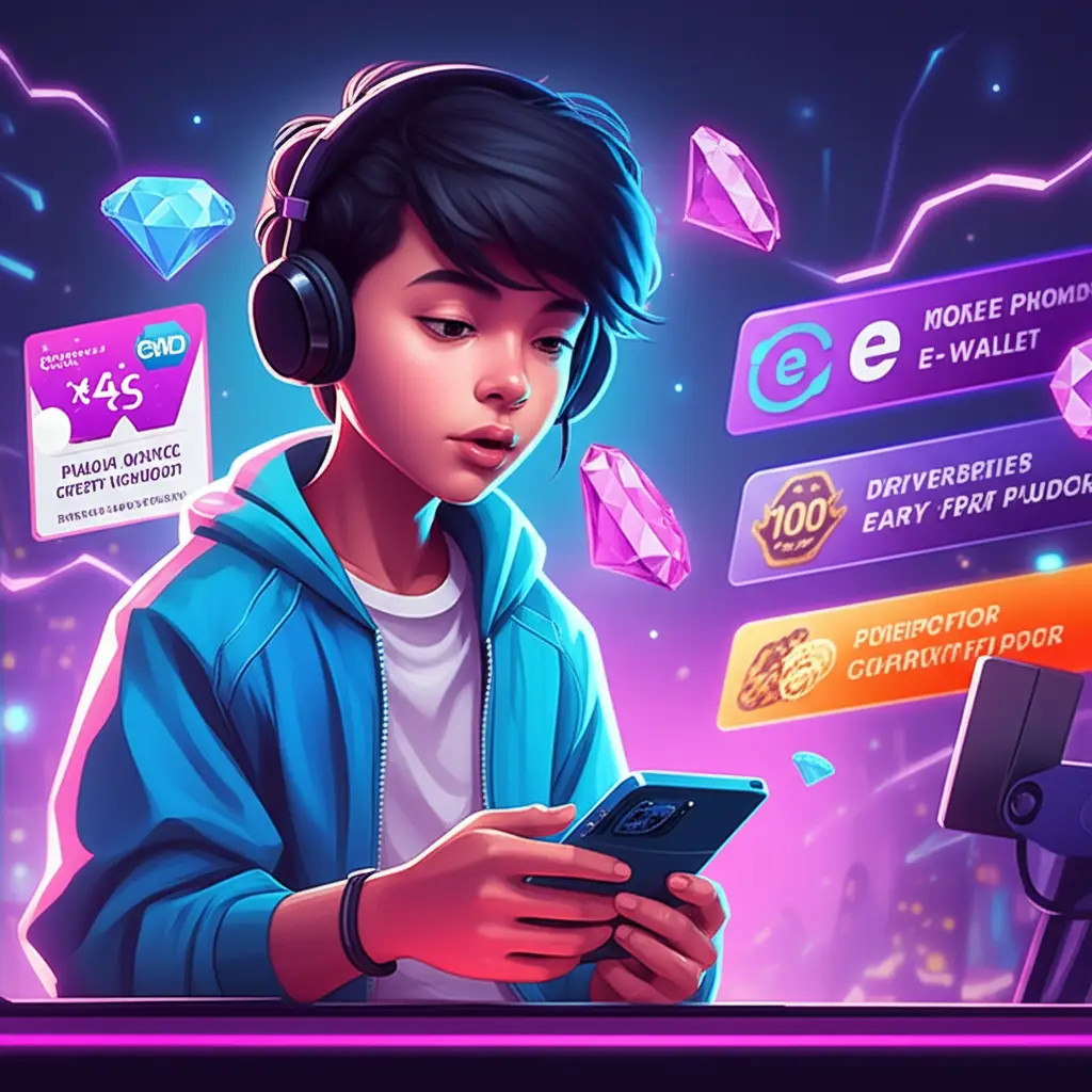 Ilustrasi gamer membandingkan pulsa dan e-wallet untuk top up MLBB.