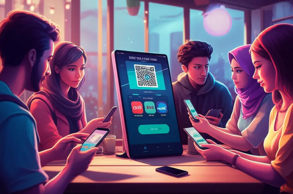 Visual suasana nongkrong sambil top up ML, diskusi QRIS vs E-Wallet.