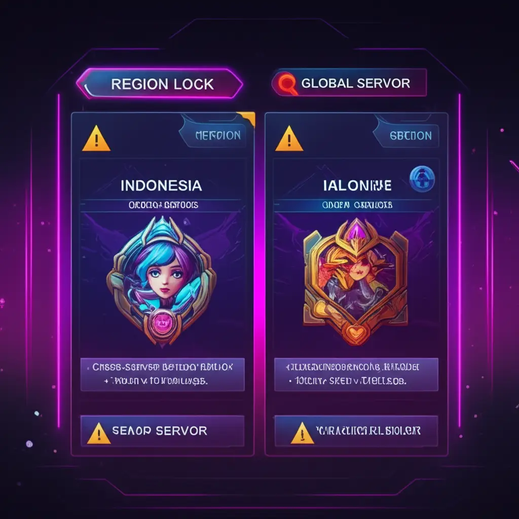 Ilustrasi region lock pada top up Mobile Legends Indonesia vs global.