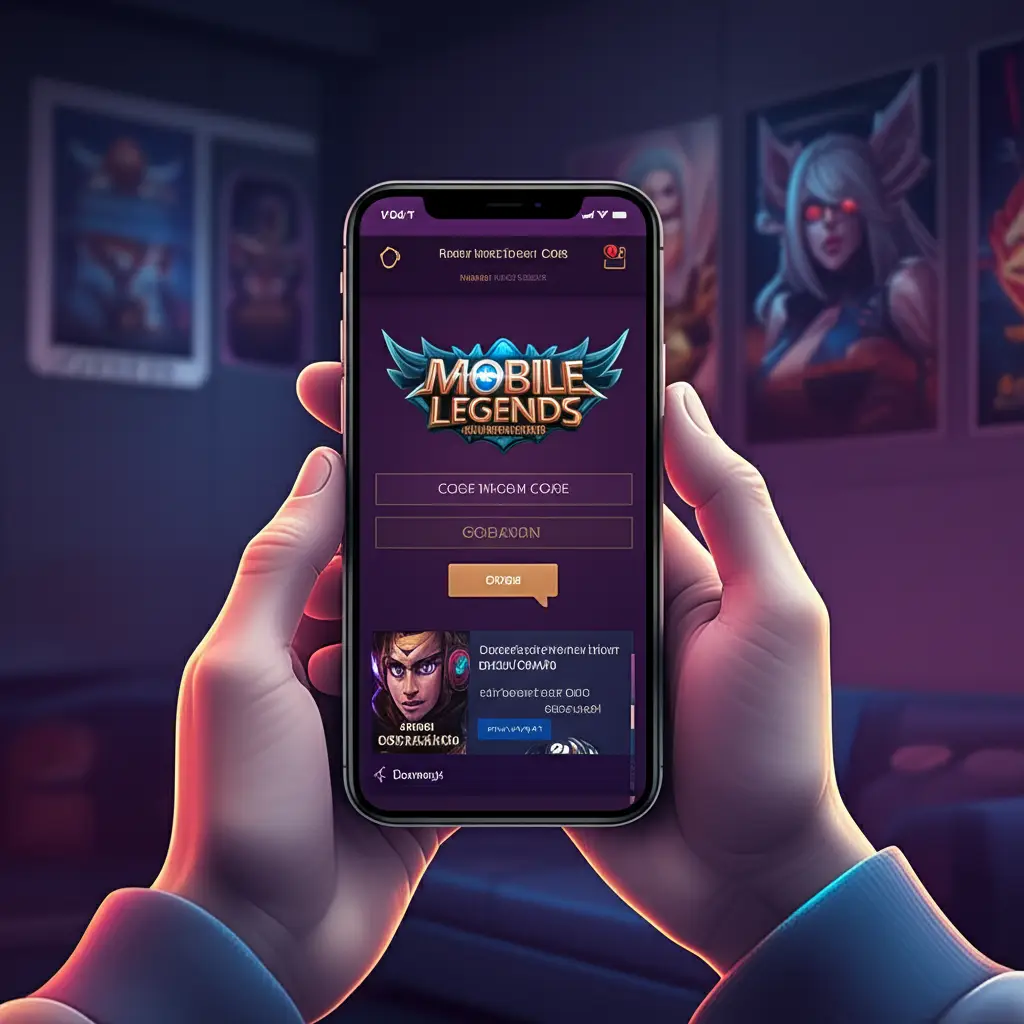 Ilustrasi gamer sedang redeem kode Mobile Legends di website resmi, lengkap dengan kolom input dan notifikasi hadiah skin.