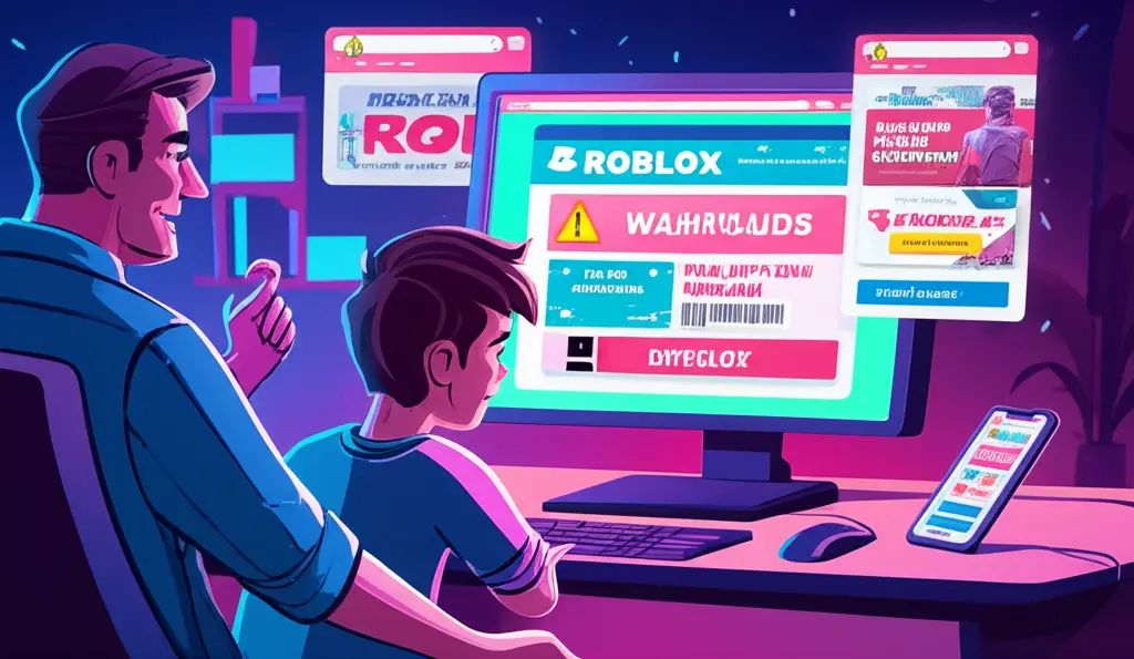 Ilustrasi gamer remaja dan orang tua sedang cek voucher Roblox digital agar tidak salah beli, dengan suasana waspada dan informatif.