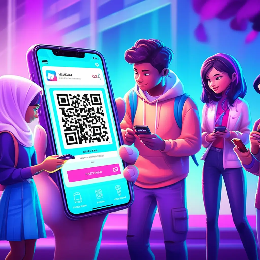 Remaja Indonesia membeli voucher Roblox dengan transaksi QRIS di smartphone.