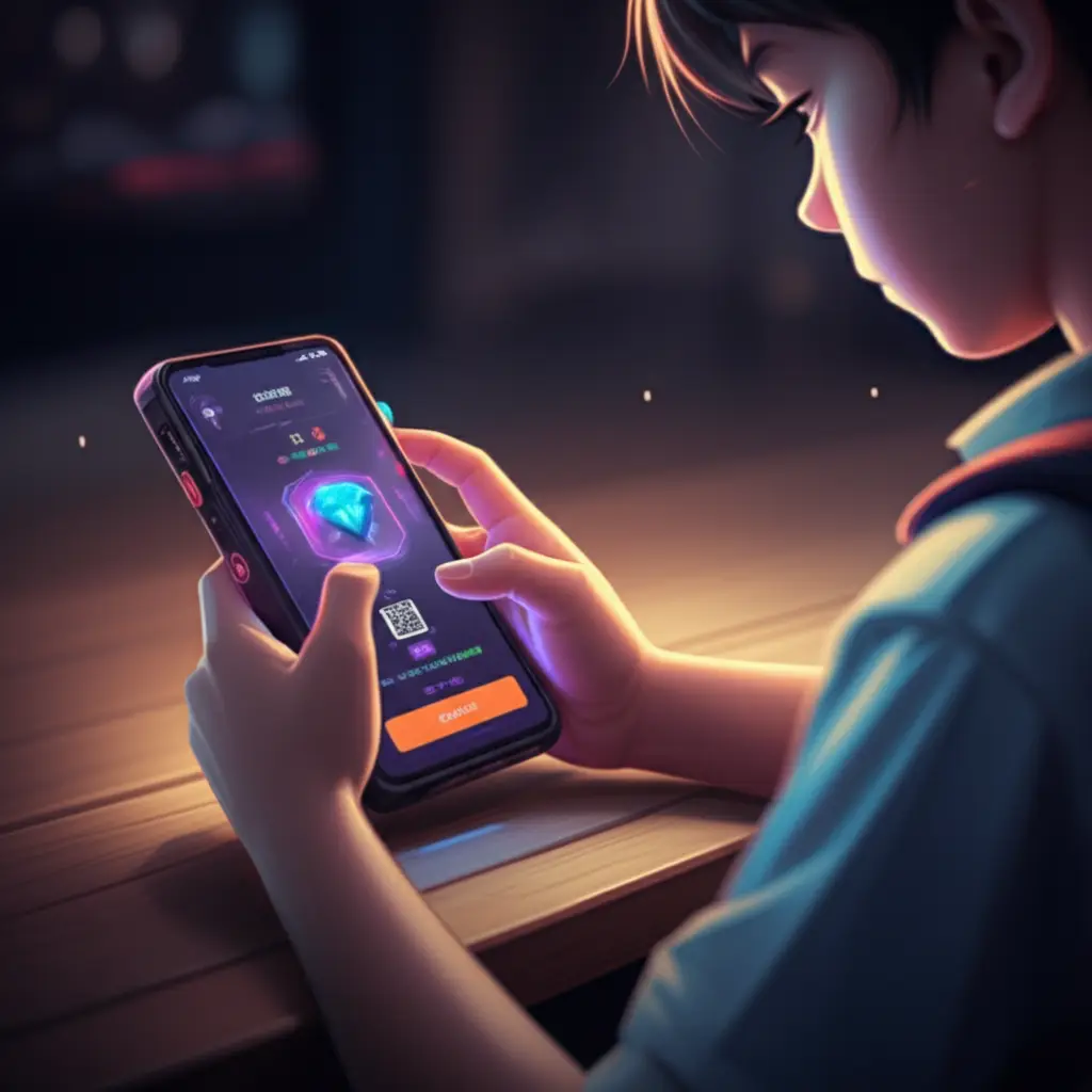 Ilustrasi top up Mobile Legends denominasi kecil dengan pembayaran QR dan harga dalam rupiah.