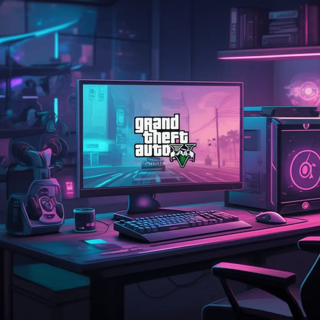 Setup gaming modern dengan layar memuat GTA V, lengkap dengan keyboard dan mouse.