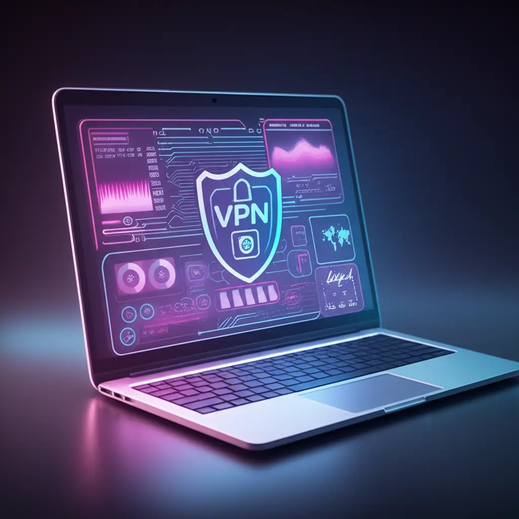 Tampilan antarmuka VPN modern di laptop untuk keamanan data.