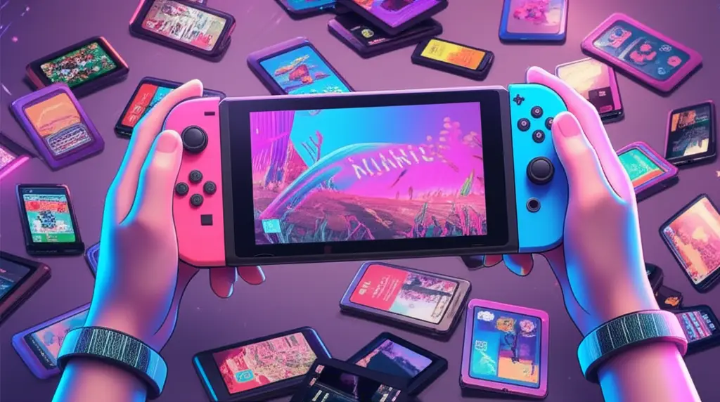 Nintendo Switch dalam mode handheld dengan game offline.