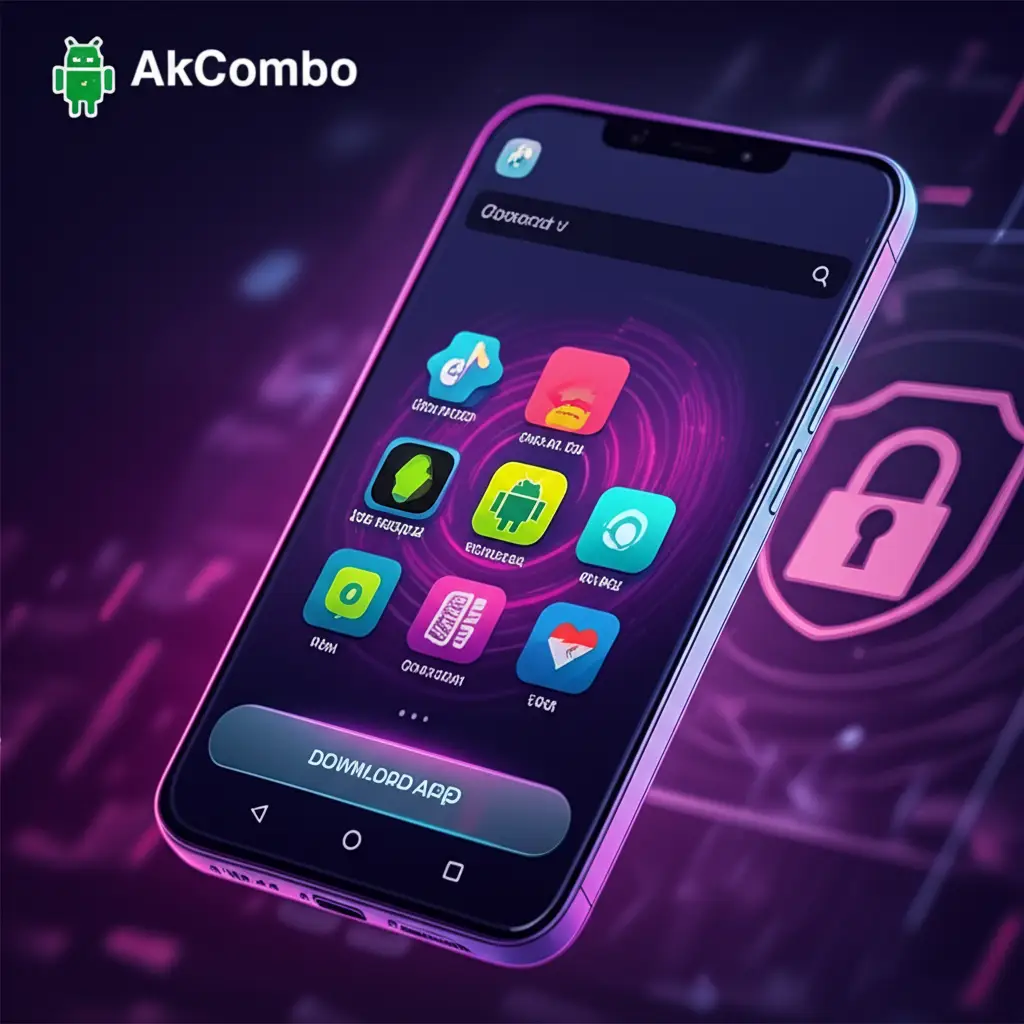 Tampilan APKCombo pada smartphone, simbol keamanan digital.