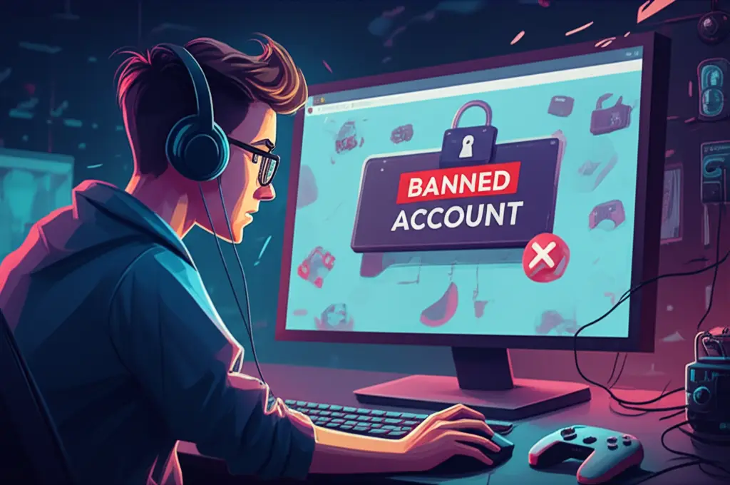 Gamer cemas melihat pesan akun diblokir, simbol keamanan dan gaming terlihat di sekitar.