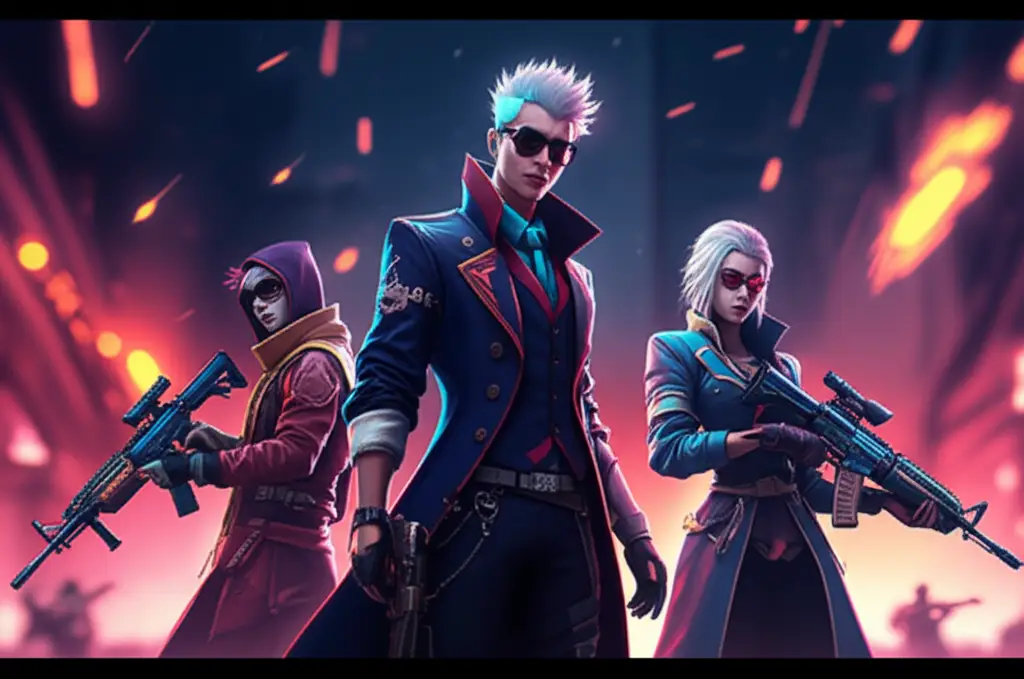Karakter Free Fire dengan skin dan senjata eksklusif di medan pertempuran.