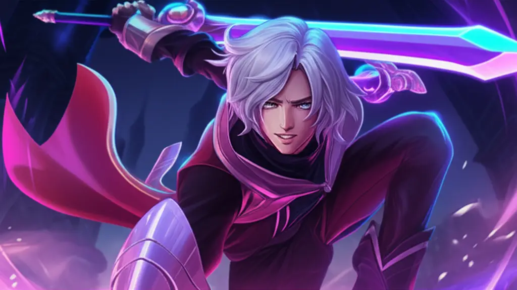 Lancelot, sang Assassin elegan dari Mobile Legends, sedang melakukan serangan dash di medan perang.