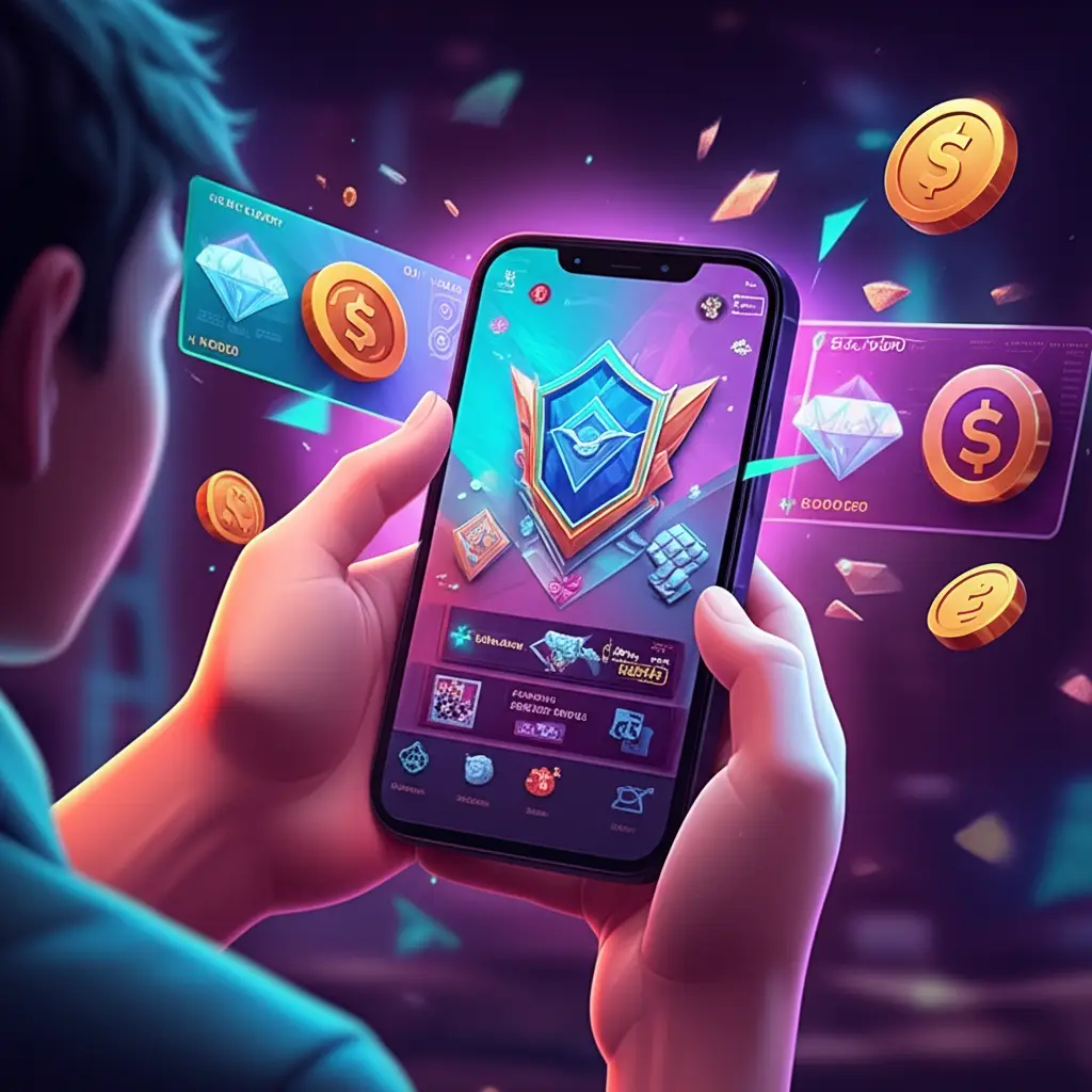 Ilustrasi pemain Mobile Legends dengan voucher digital dan simbol mata uang.