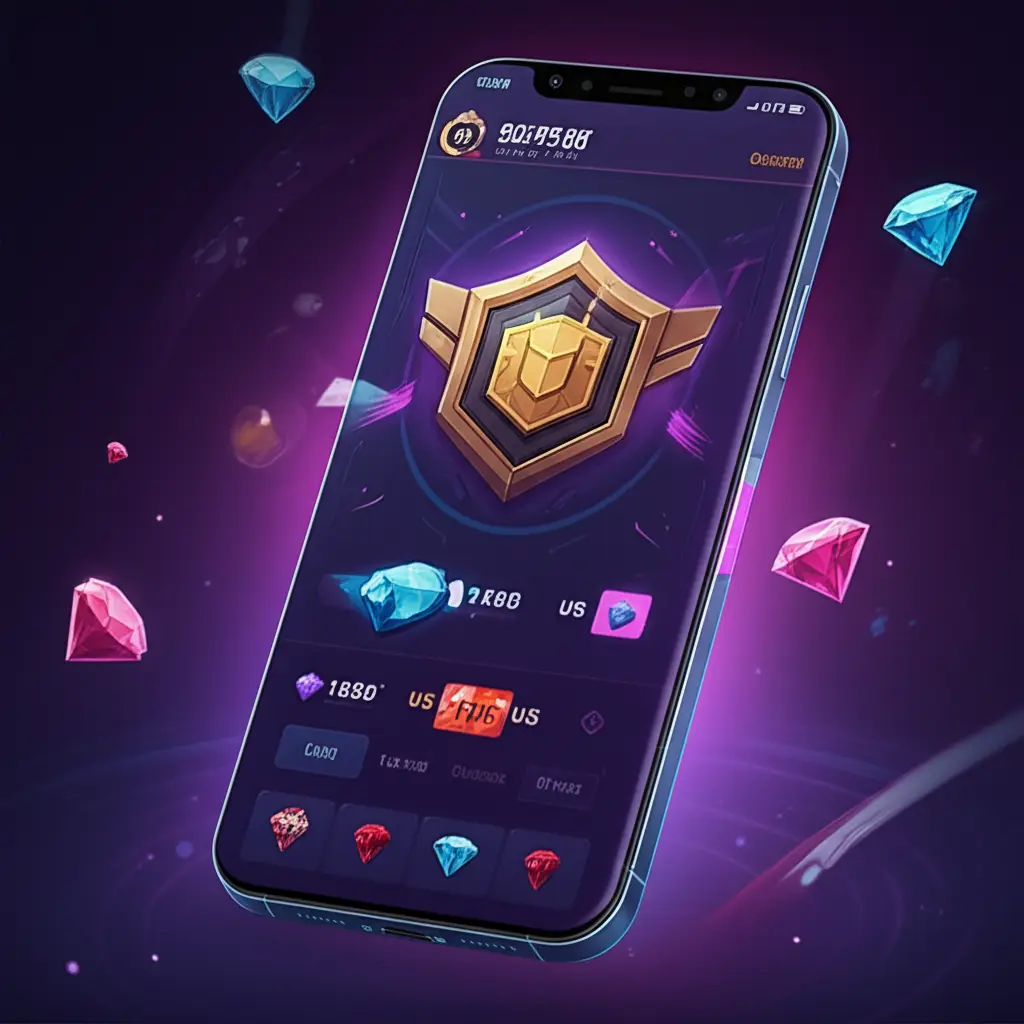 Ilustrasi ponsel menampilkan antarmuka Mobile Legends dengan opsi pembelian diamond.