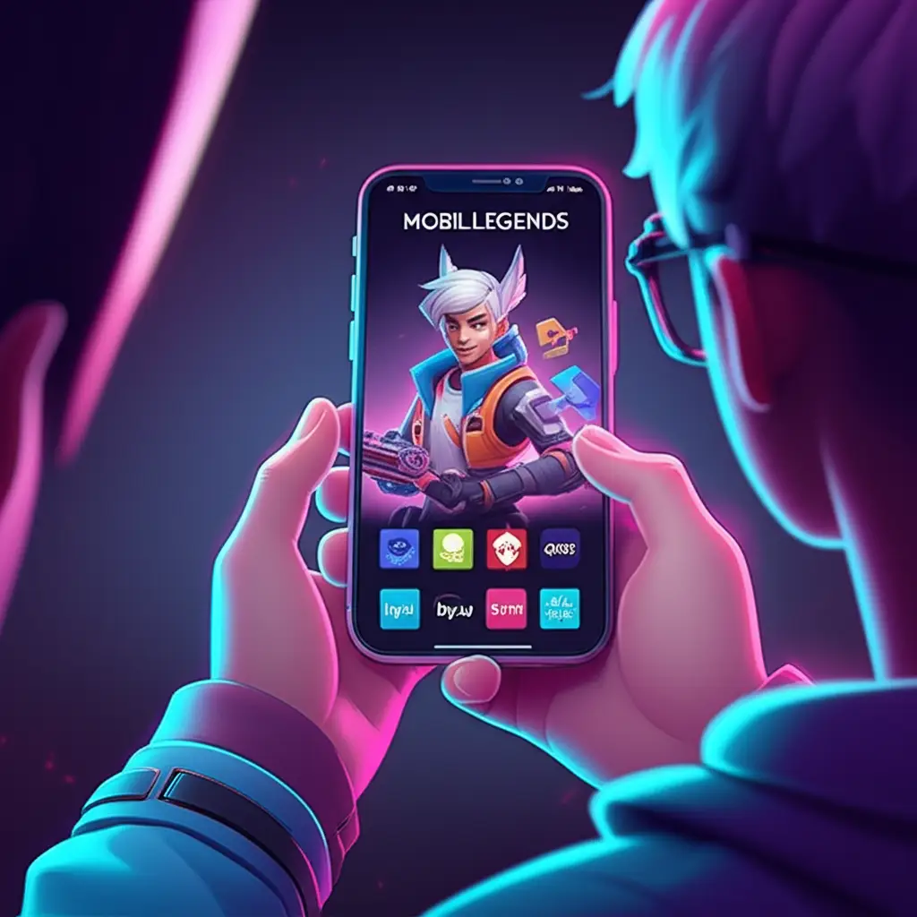 Ilustrasi gamer mengisi diamond Mobile Legends menggunakan pulsa by.U dan QRIS.