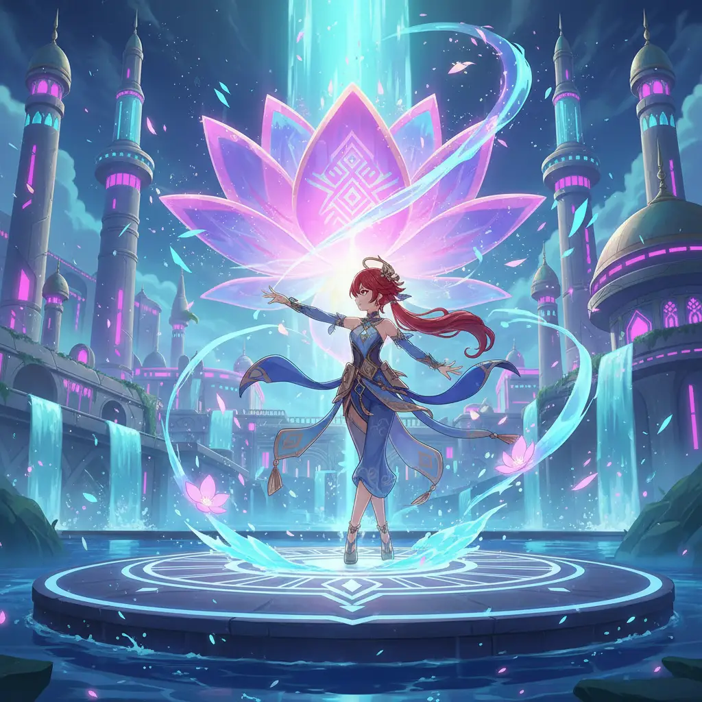 Ilustrasi Nilou dari Genshin Impact menari dengan elegan dalam setting yang terinspirasi Timur Tengah.