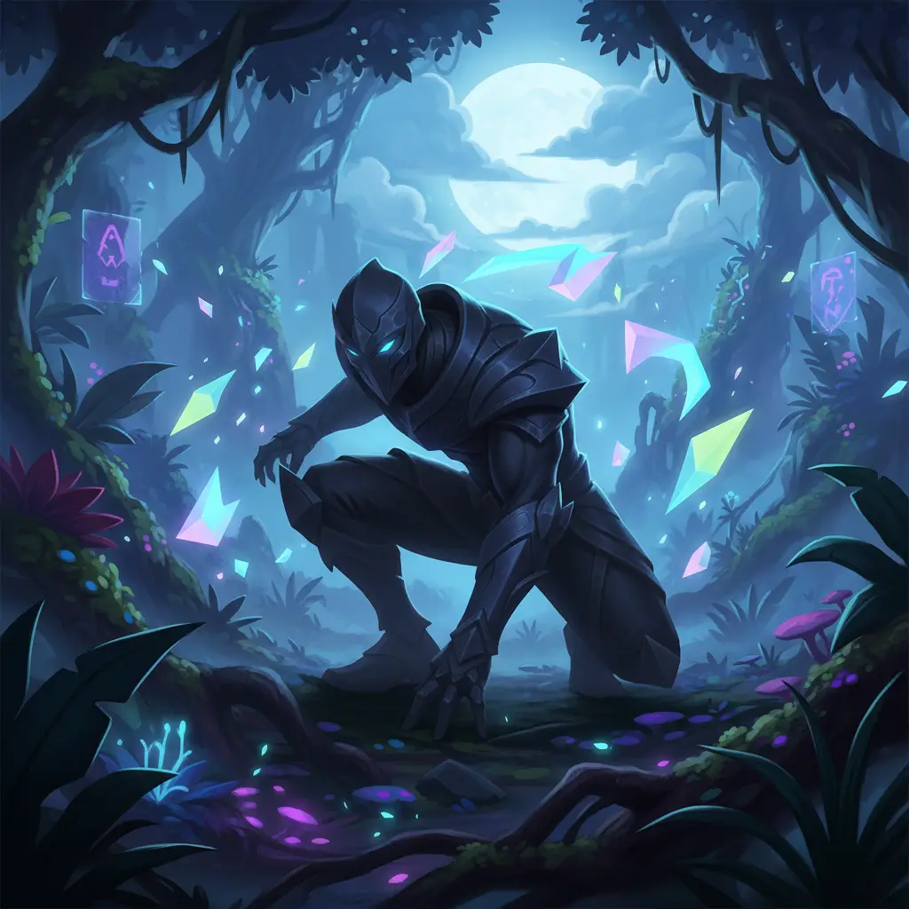 Gambar Aamon, hero Assassin di MLBB, dalam pose kamuflase dengan shard sihir.