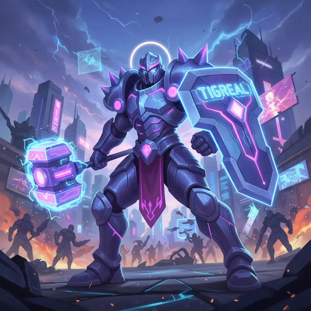 Tigreal siap bertempur di Mobile Legends dengan build terbaik.