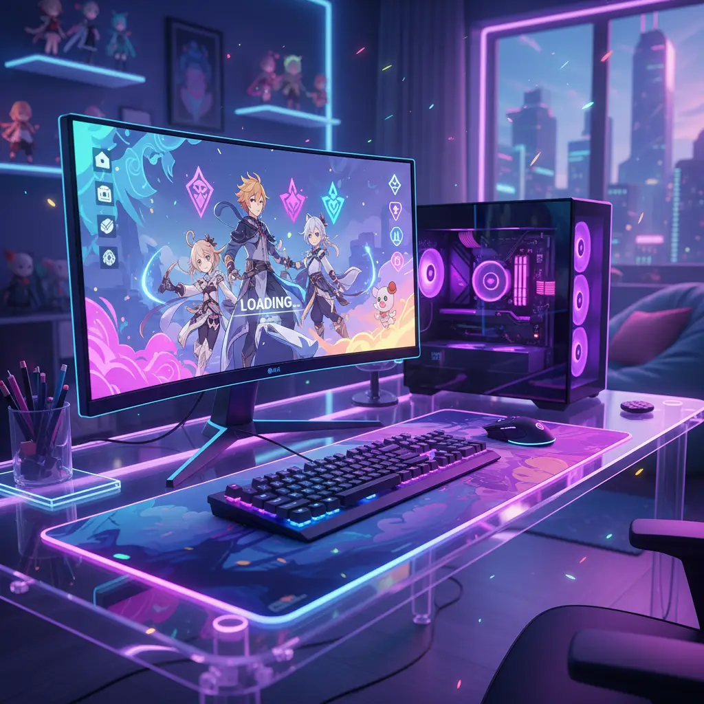 Tampilan Genshin Impact di PC dengan latar belakang dunia fantasi.