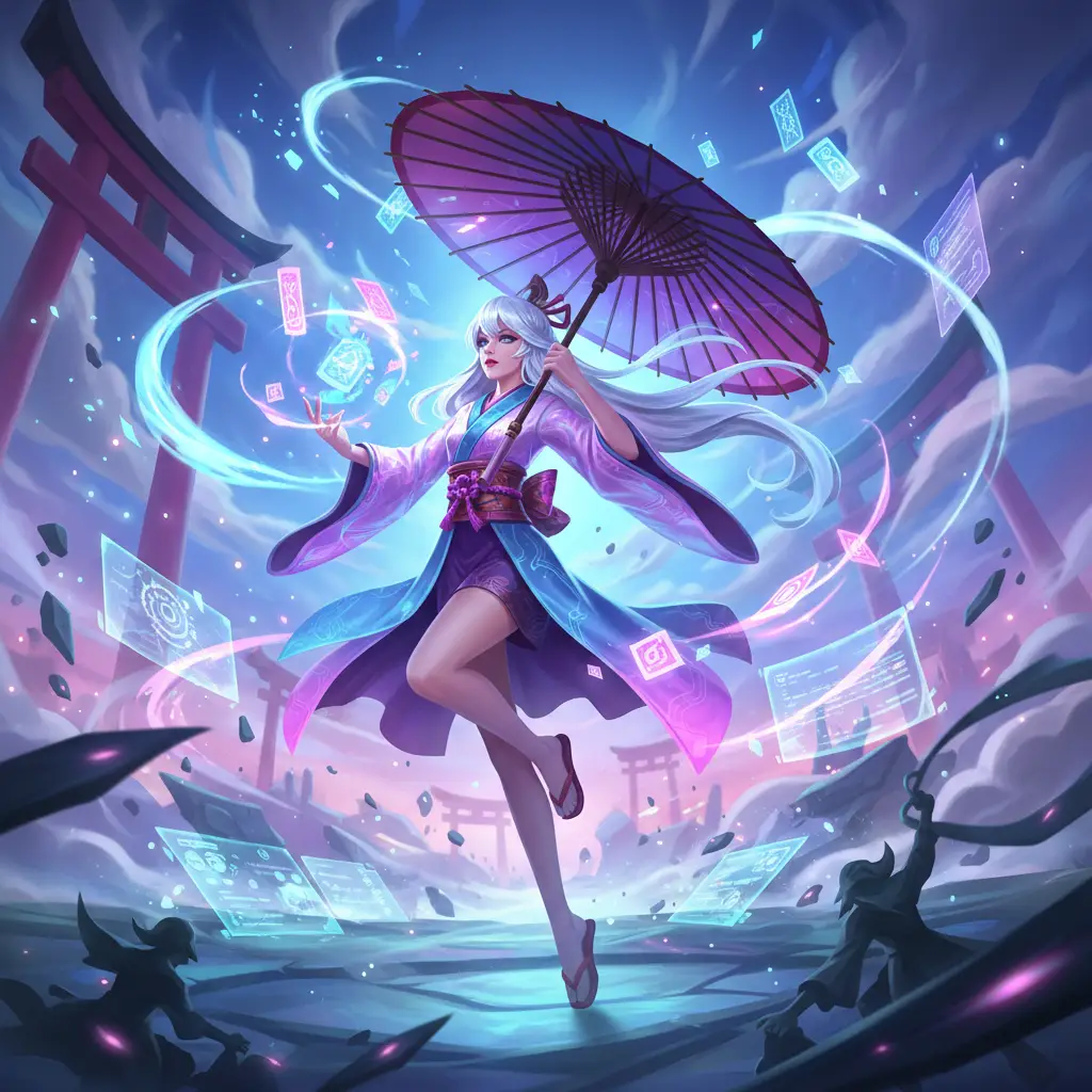 Ilustrasi Kagura dengan payungnya di medan pertempuran magis.