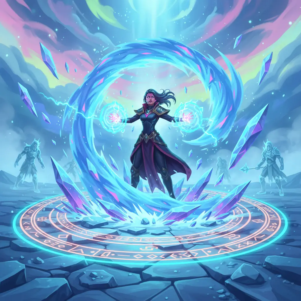 Aurora, sang Ratu Beku, memanfaatkan kekuatan magisnya di medan perang.