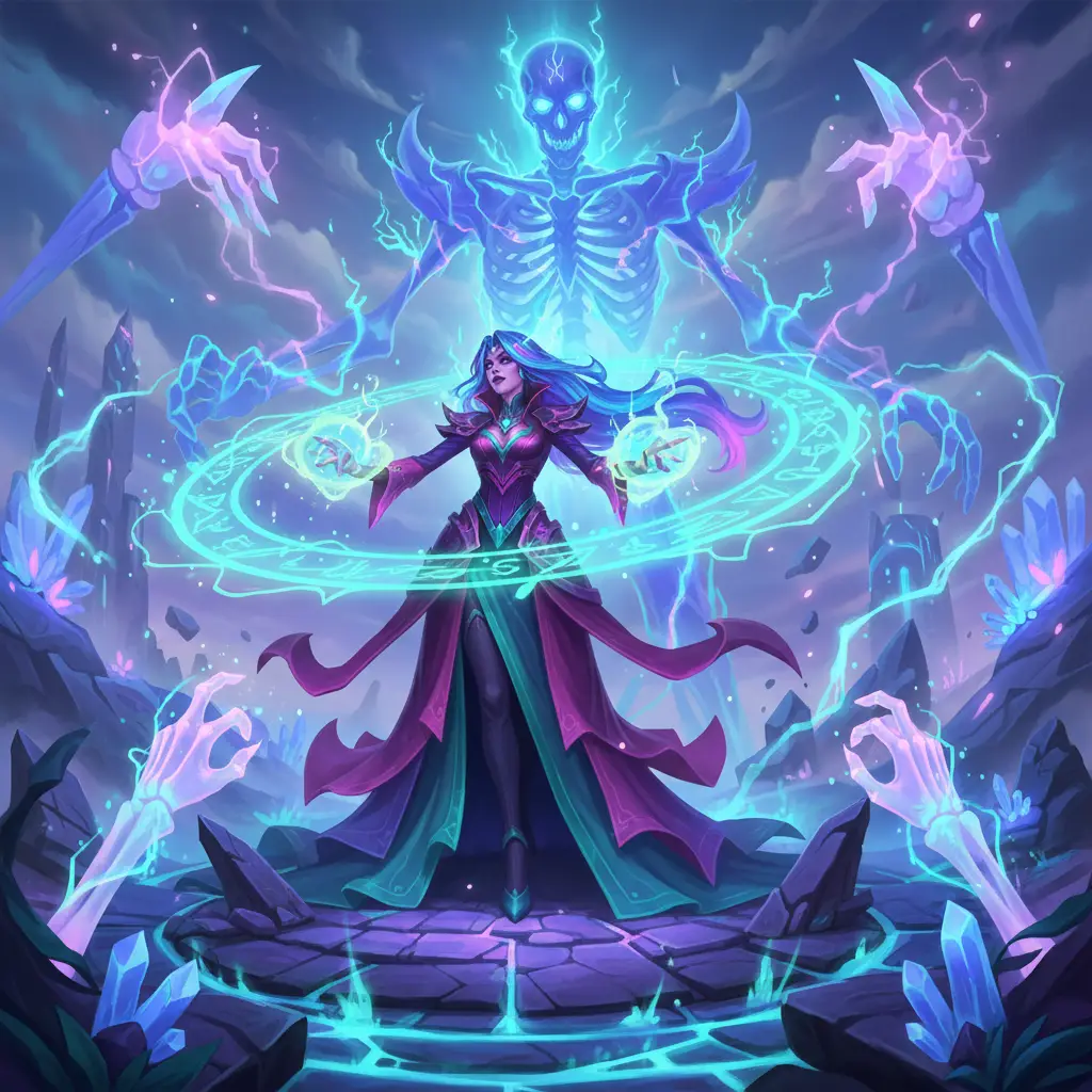 Ilustrasi Vexana, mage kuat di Mobile Legends, di medan perang mystical.