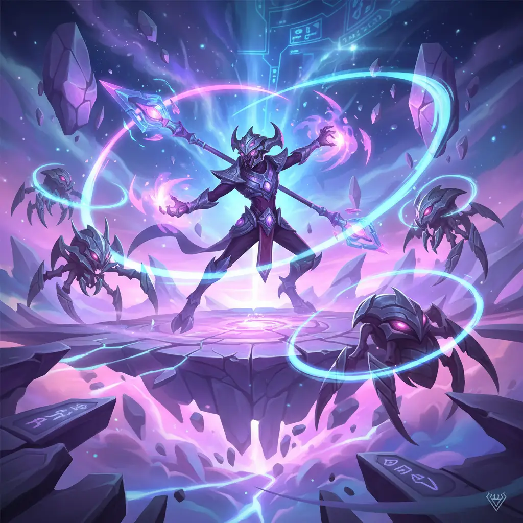 Zhask dengan Nightmaric Spawn di medan tempur mistis.