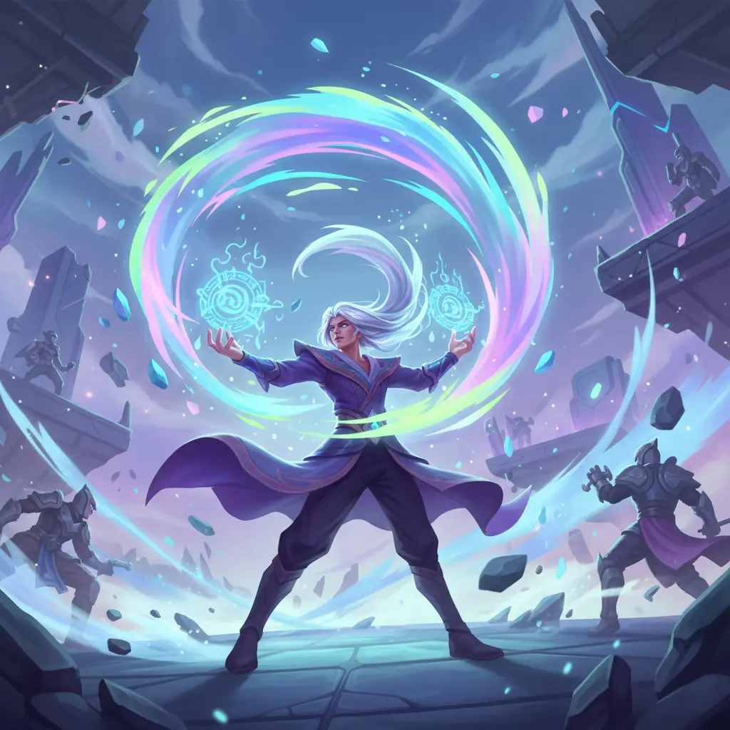 Vale, hero Mobile Legends, sedang melancarkan serangan angin yang memukau di arena pertarungan.