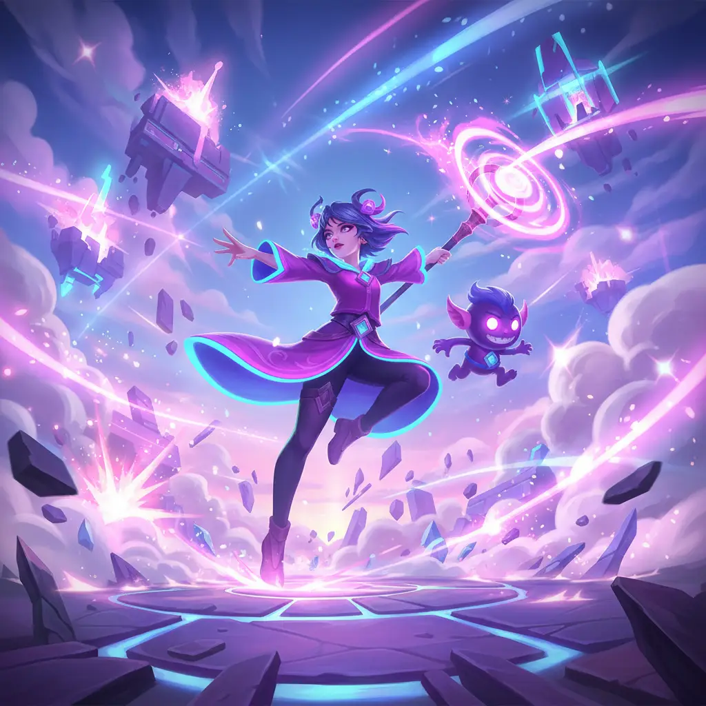 Ilustrasi Lylia dari Mobile Legends dalam pertempuran magis.