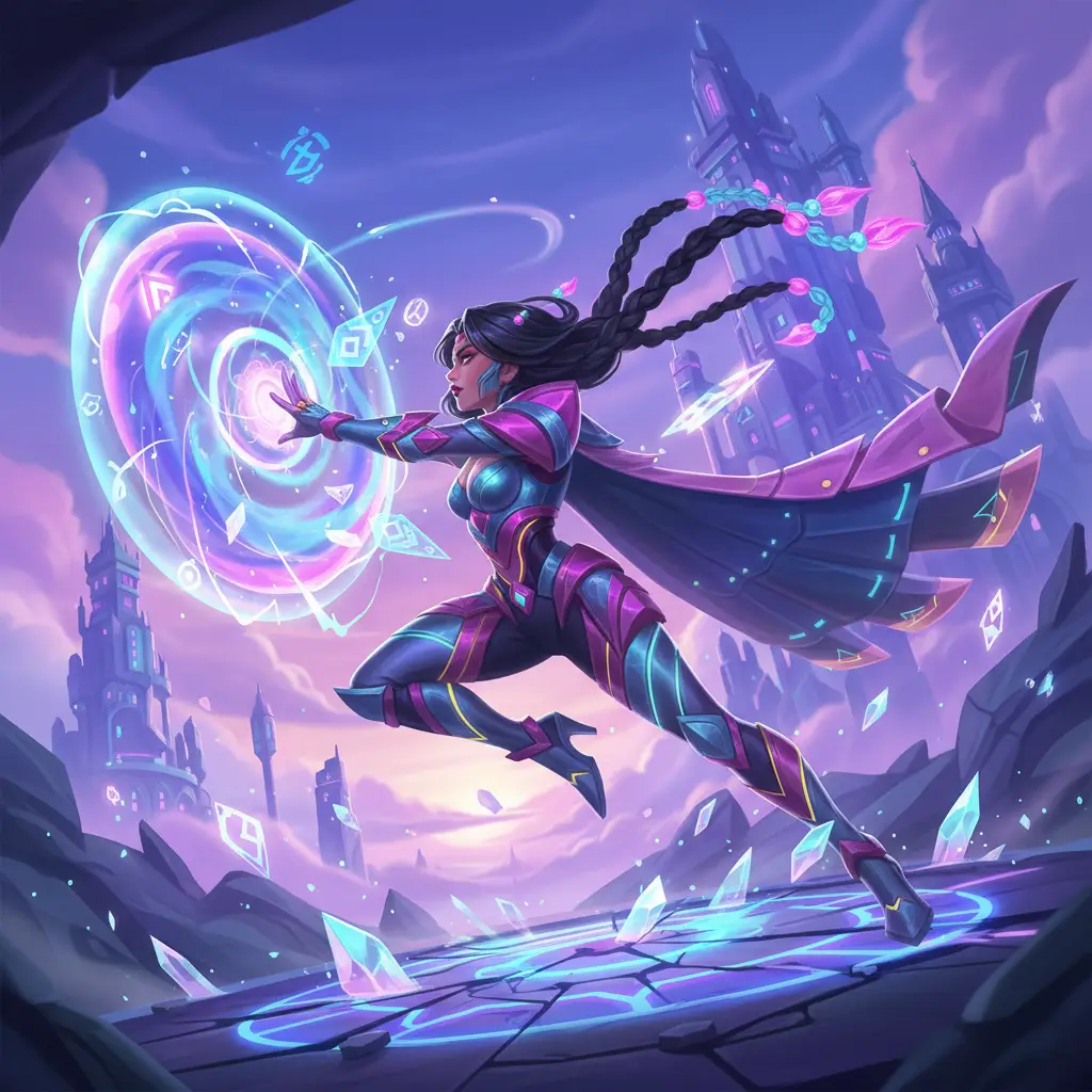 Ilustrasi Esmeralda di Mobile Legends dengan pose bertarung.