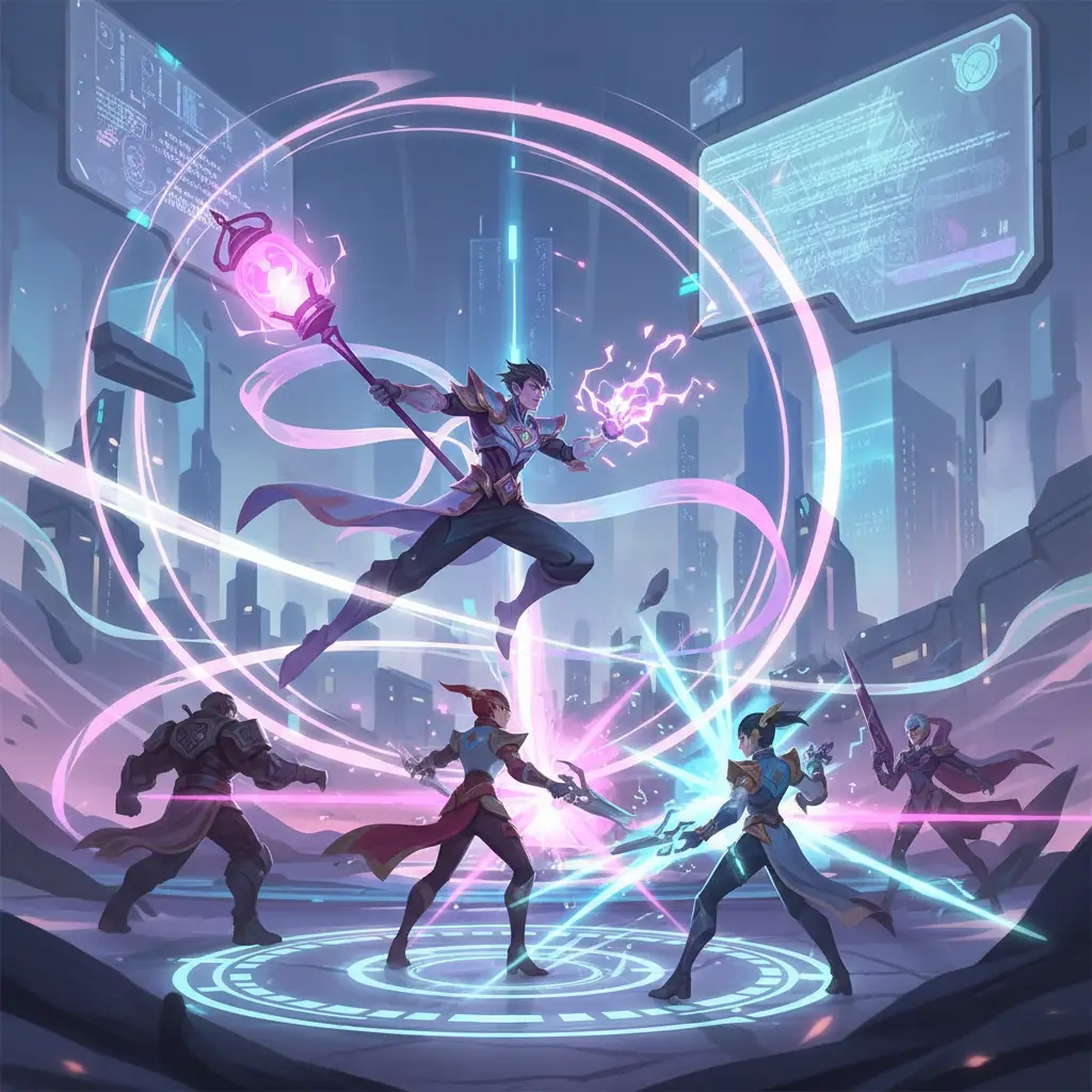 Ilustrasi Zhuxin dengan skill combo saat team fight di Mobile Legends.