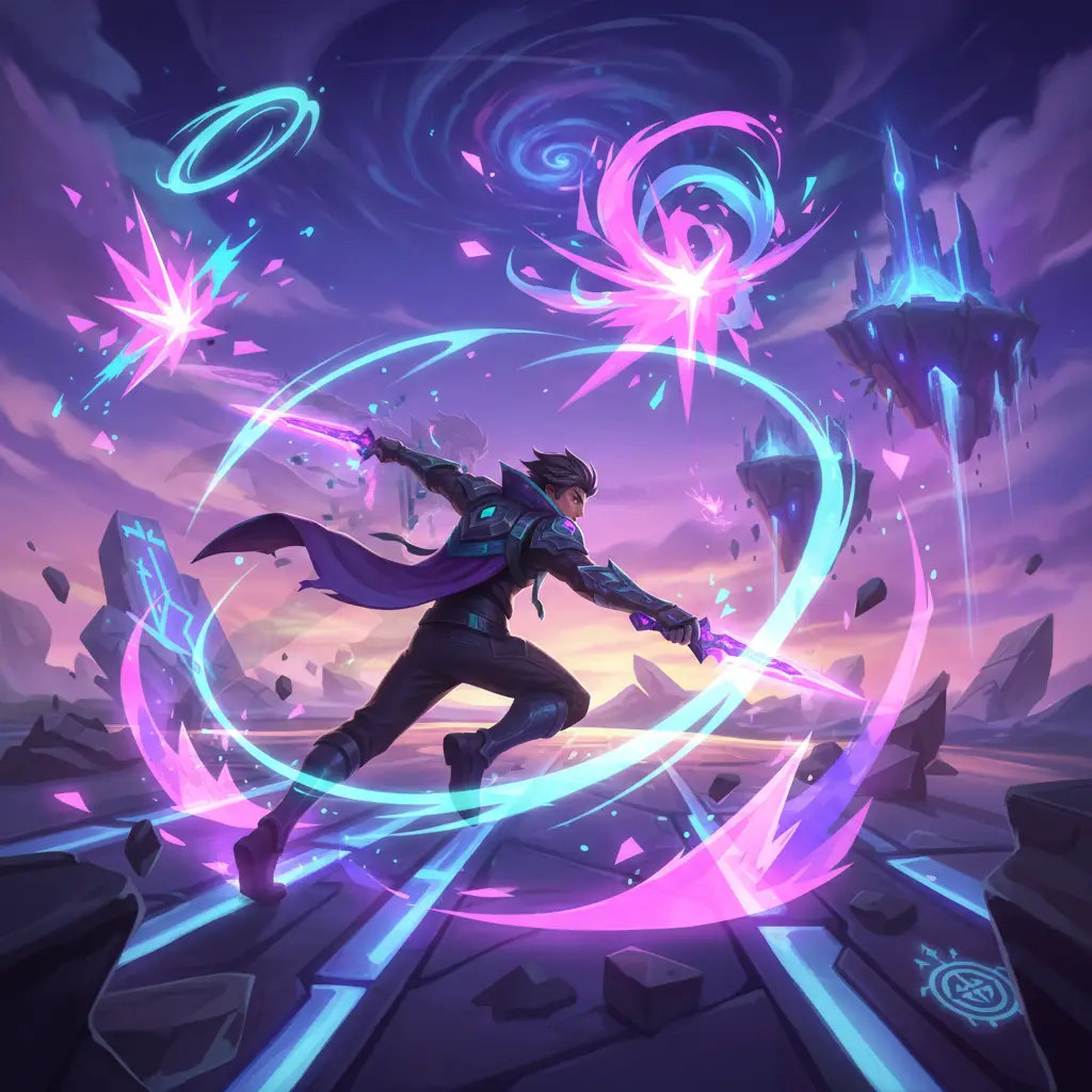 Gusion sedang melakukan combo di medan perang Mobile Legends.