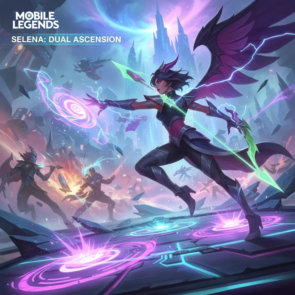 Selena, hero mage-assassin di Mobile Legends, dalam aksi epik.