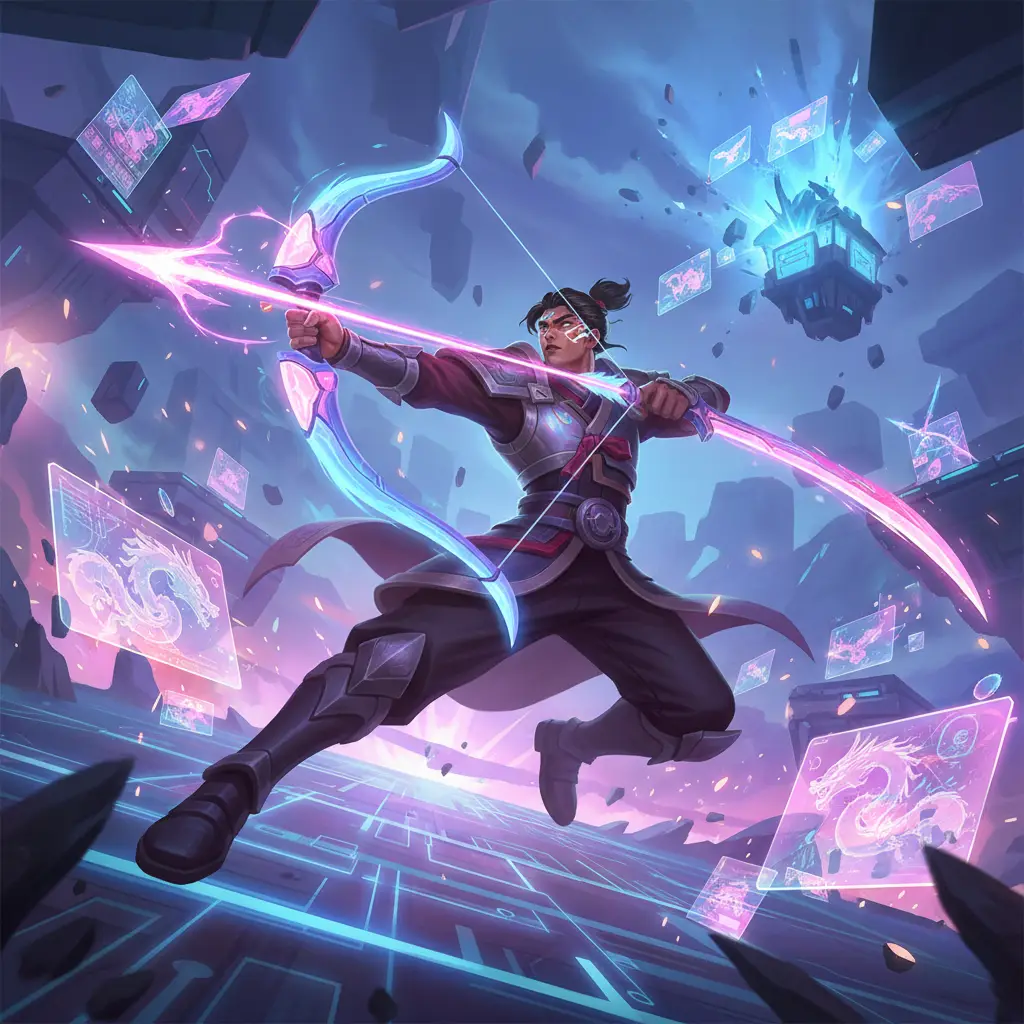 Yi Sun-Shin dalam aksi di Mobile Legends, menggunakan panah dan pedang.