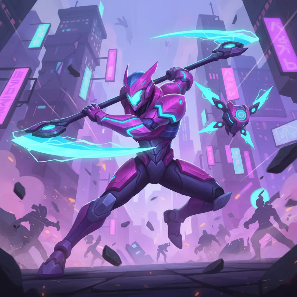 Alpha dalam aksi pertempuran dengan senjata bercahaya dan armor futuristik.