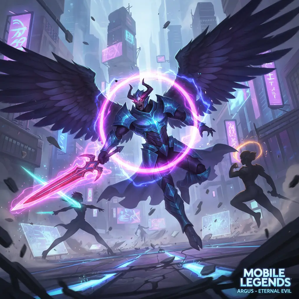 Argus menggunakan ultimate skill di Mobile Legends, siap hadapi musuh.