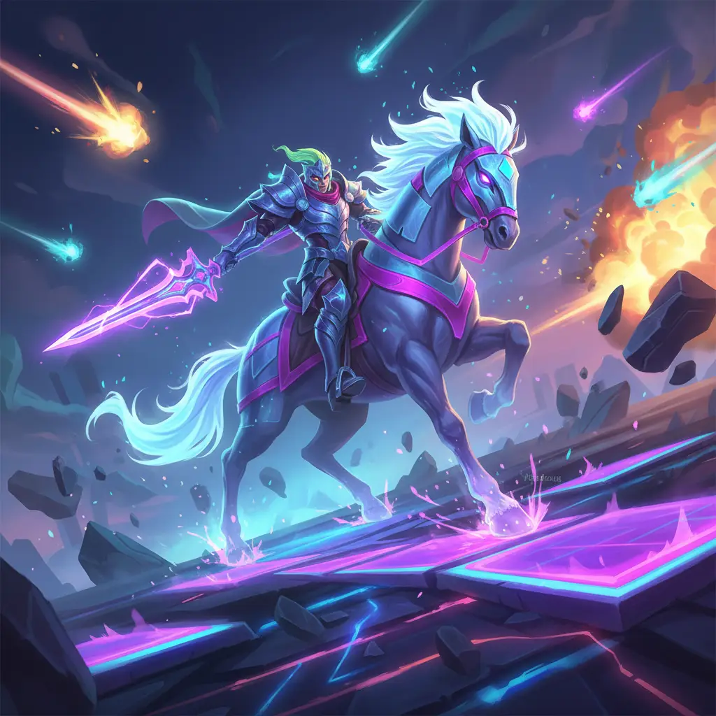 Ilustrasi hero Leomord di Mobile Legends dalam mode berkuda.