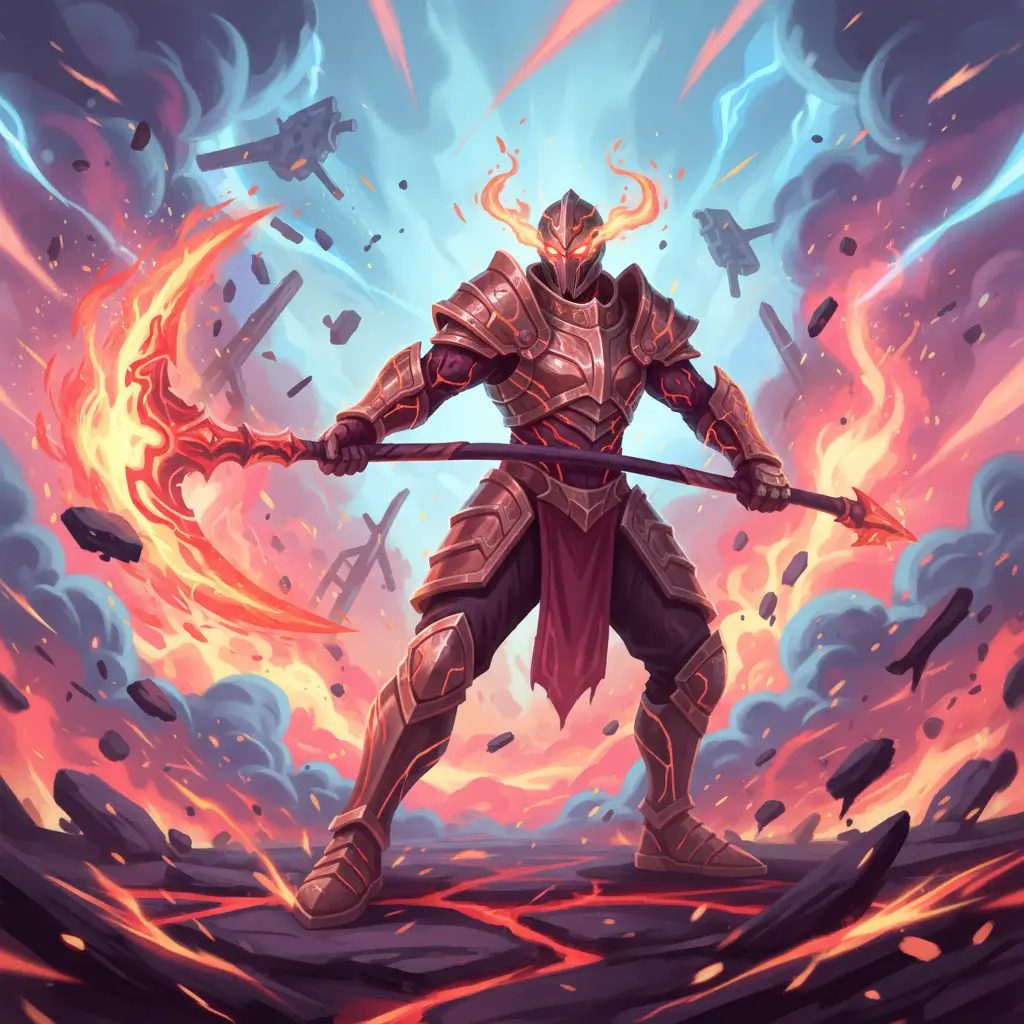 Visualisasi Thamuz dengan senjata sabit api di medan perang.