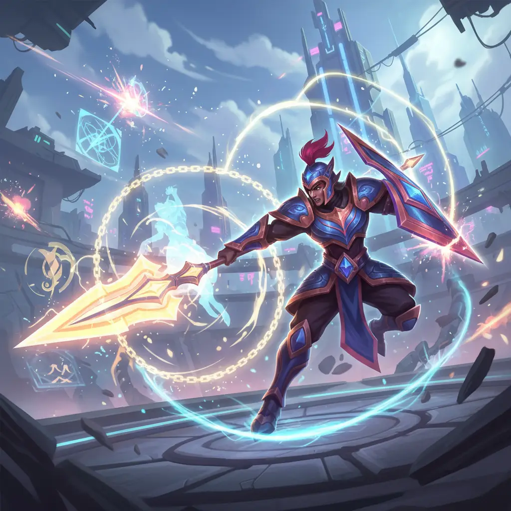 Minsitthar dalam aksi heroik di Mobile Legends, siap bertempur dengan keterampilan memukau.