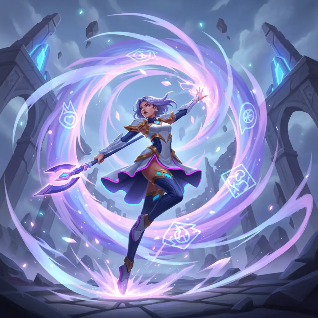 Ilustrasi Guinevere dalam aksi bertarung dengan skill magic.