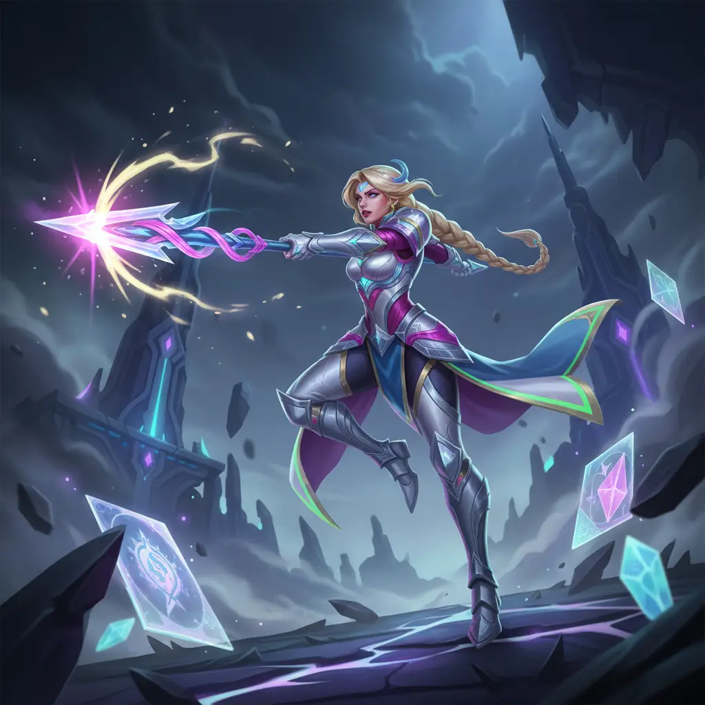 Ilustrasi Silvanna Mobile Legends dalam pose bertarung dinamis.