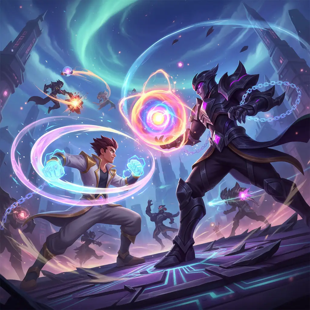 Pertempuran antara Chou dan Phoveus di Mobile Legends.