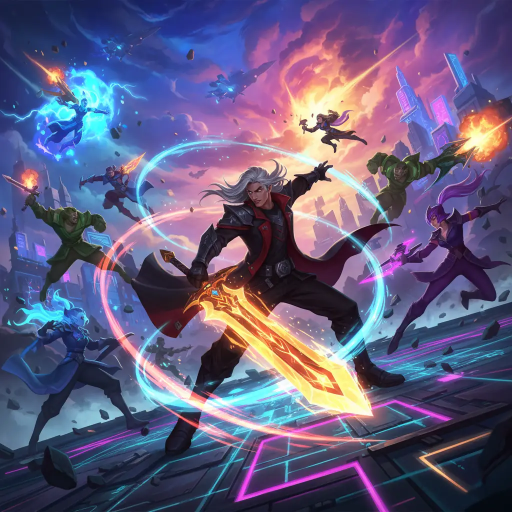 Alucard dalam pertarungan sengit di Mobile Legends, memamerkan combo skill-nya.