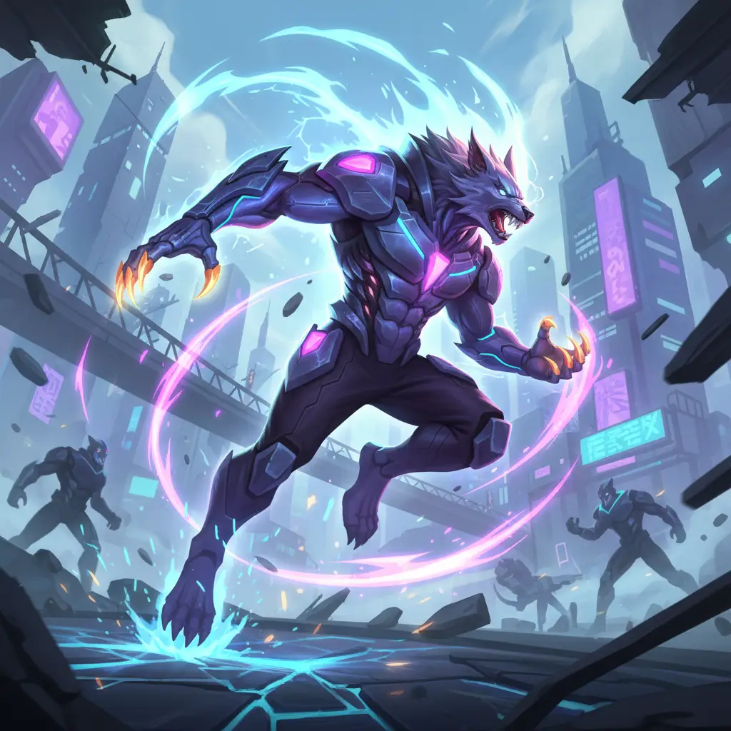 Roger dalam transformasi serigala di medan pertempuran Mobile Legends.