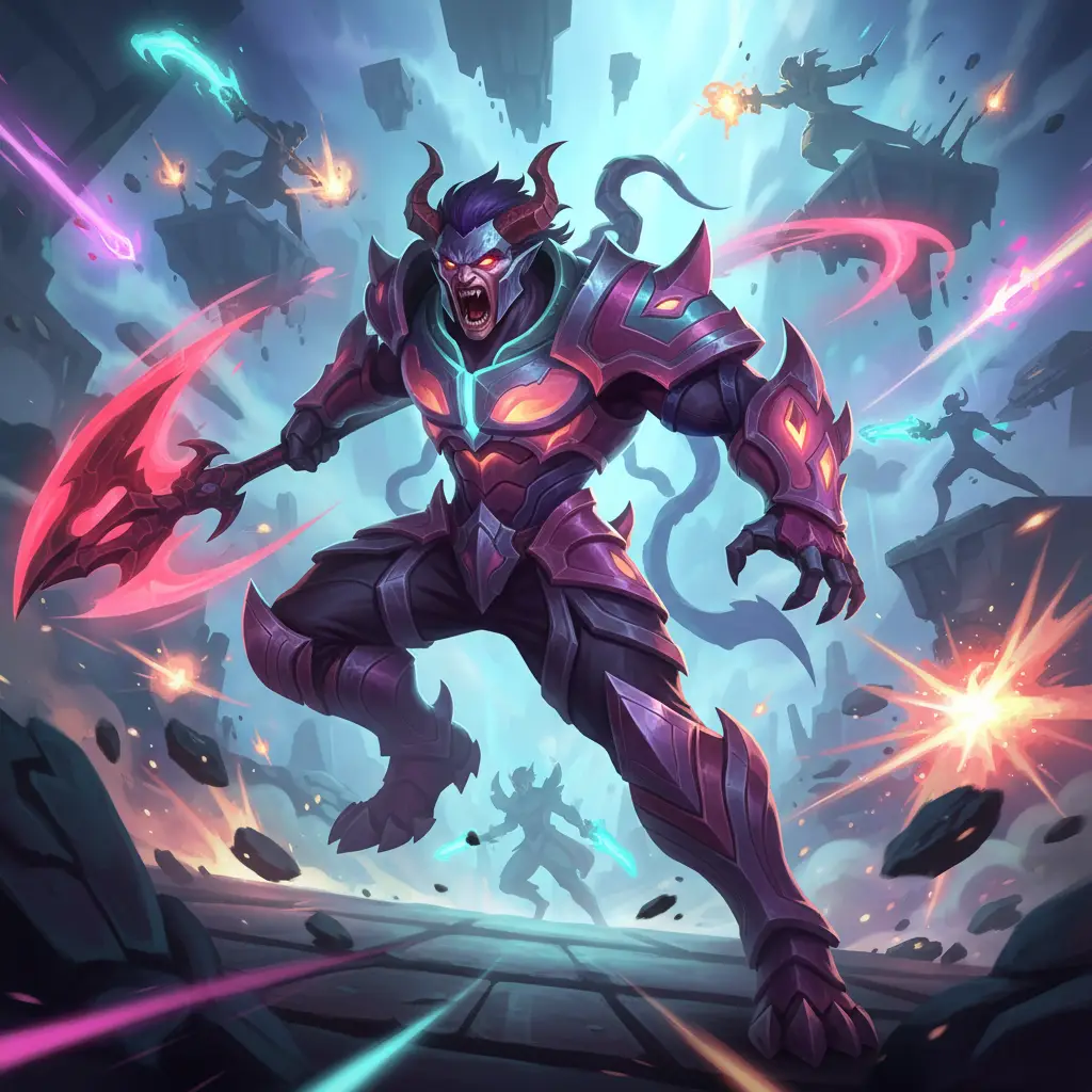 Ilustrasi hero Dyrroth dalam medan pertempuran Mobile Legends.