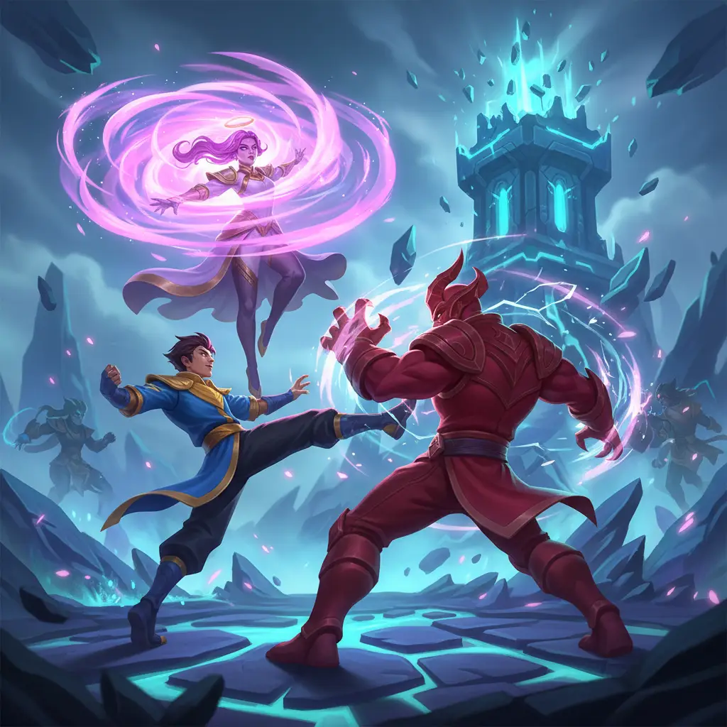 Ilustrasi aksi Mobile Legends: Guinevere dan Chou melawan Dyrroth.