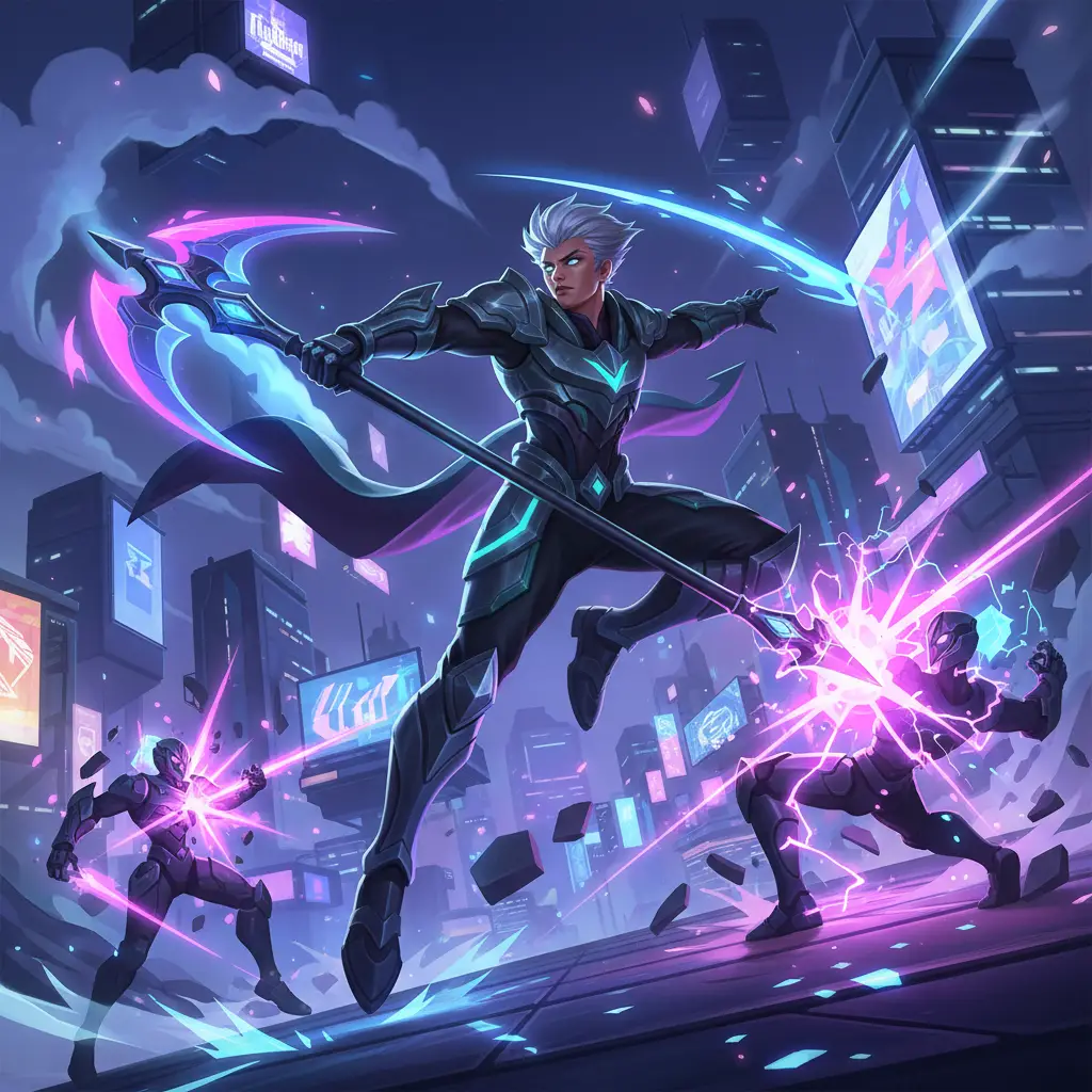 Arlott dalam aksi pertempuran Mobile Legends, menunjukkan mobilitas dan damage tinggi.