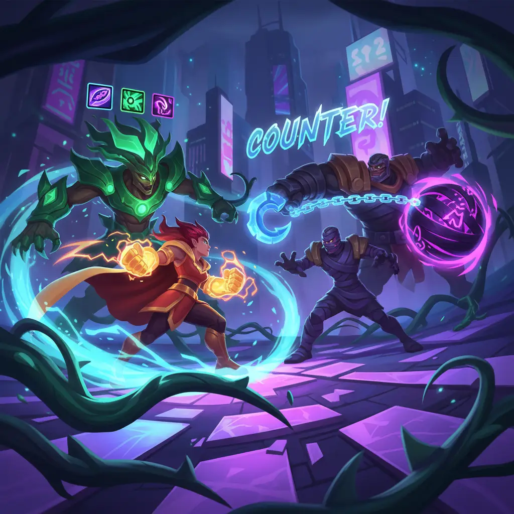 Pertarungan seru antara Masha dan hero counter Belerick, Franco, dan Khufra di Mobile Legends.